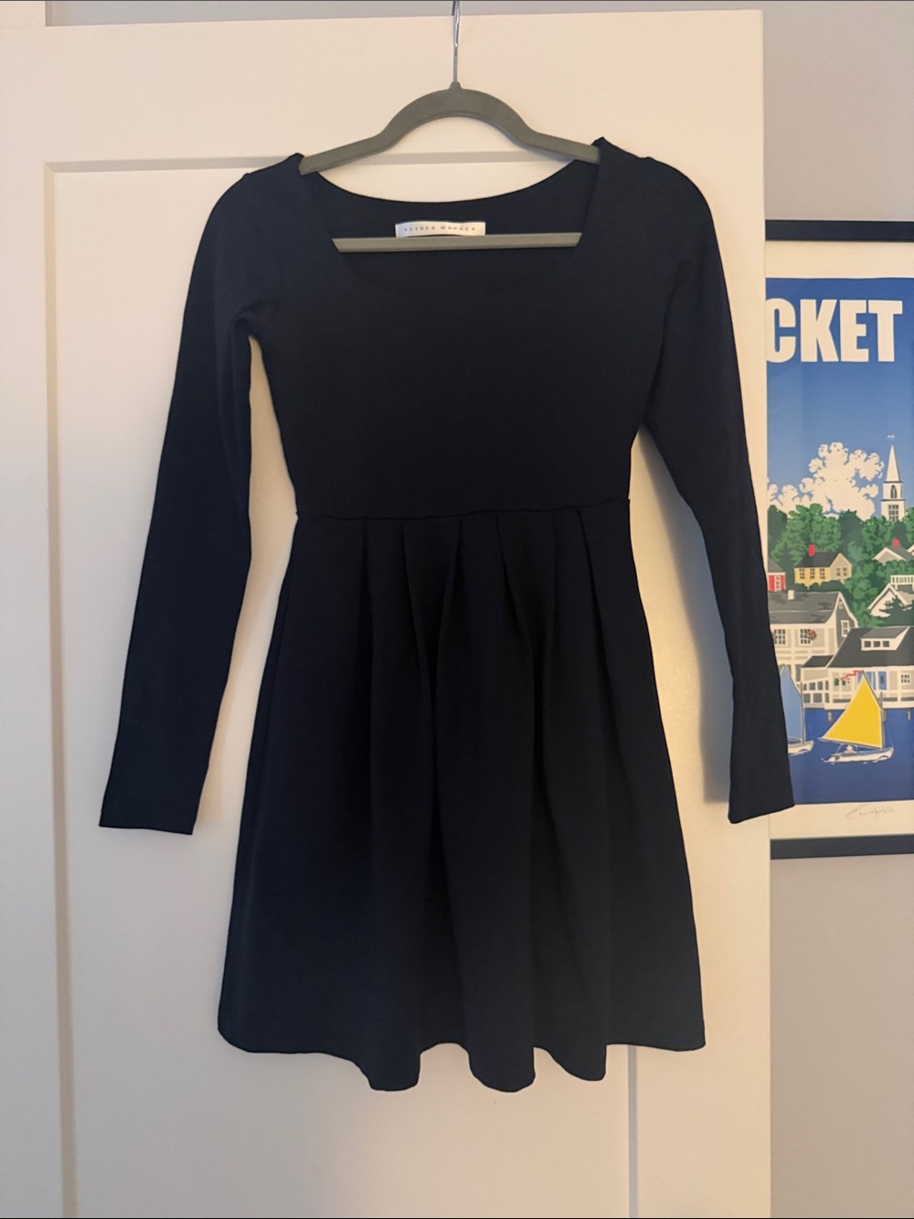 Susana Monaco Navy Blue Long-Sleeve Pleated Waist Dress